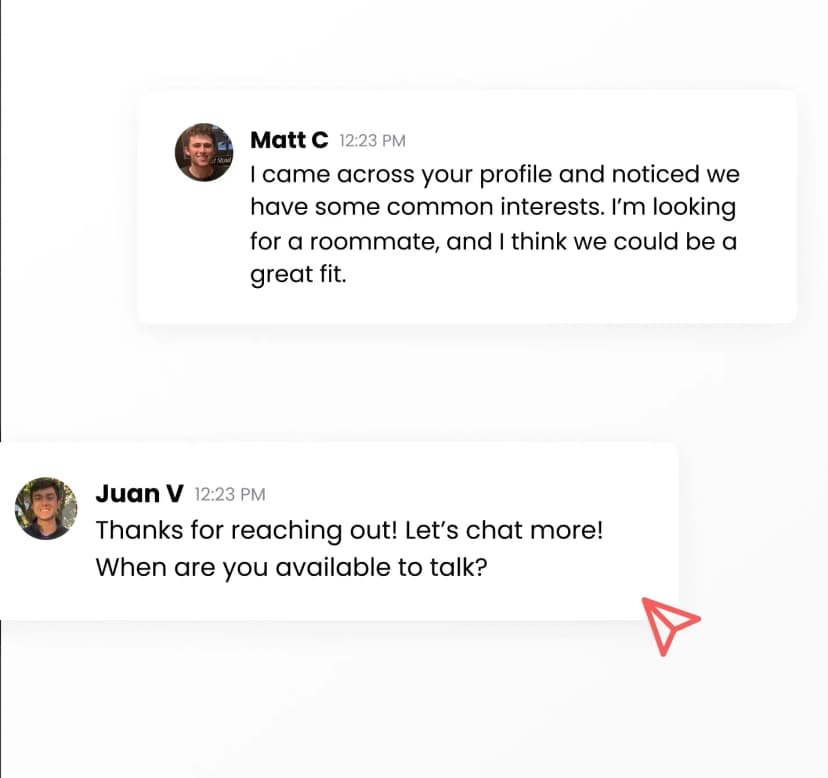 Two college students messaging on MeetYourClass, discussing common interests and finding potential roommates.