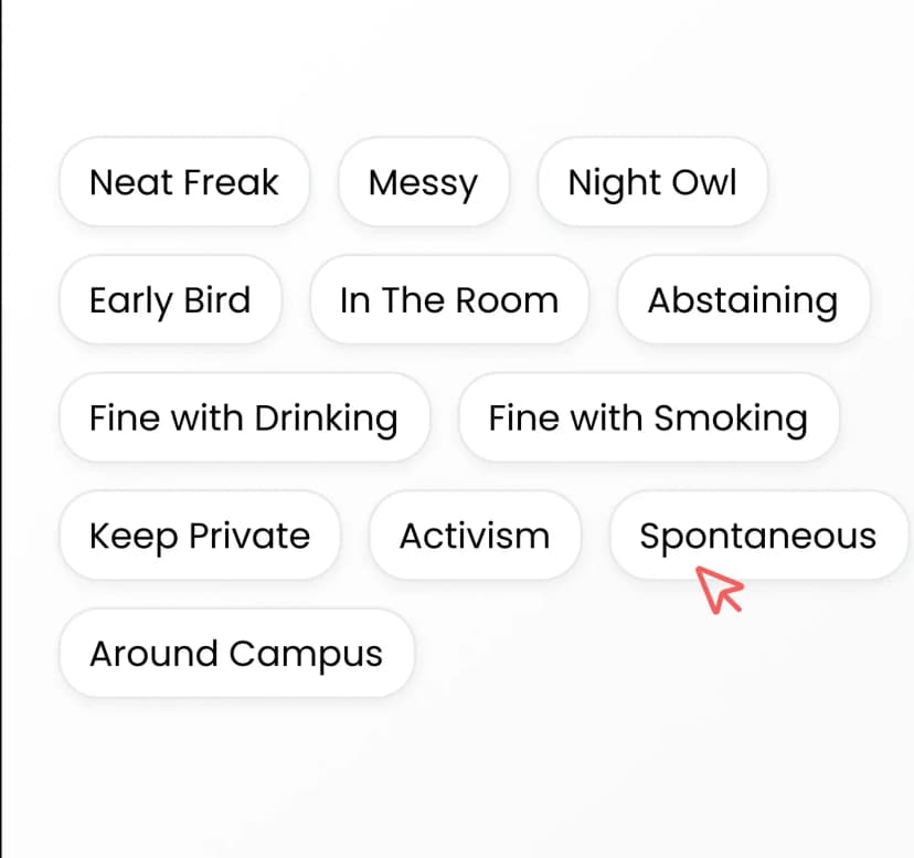 College roommate matching tags: neat freak, messy, night owl, spontaneous, activism - Find your perfect fit!