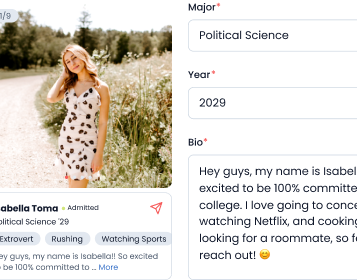 College student creating profile on MeetYourClass for roommate matching and networking